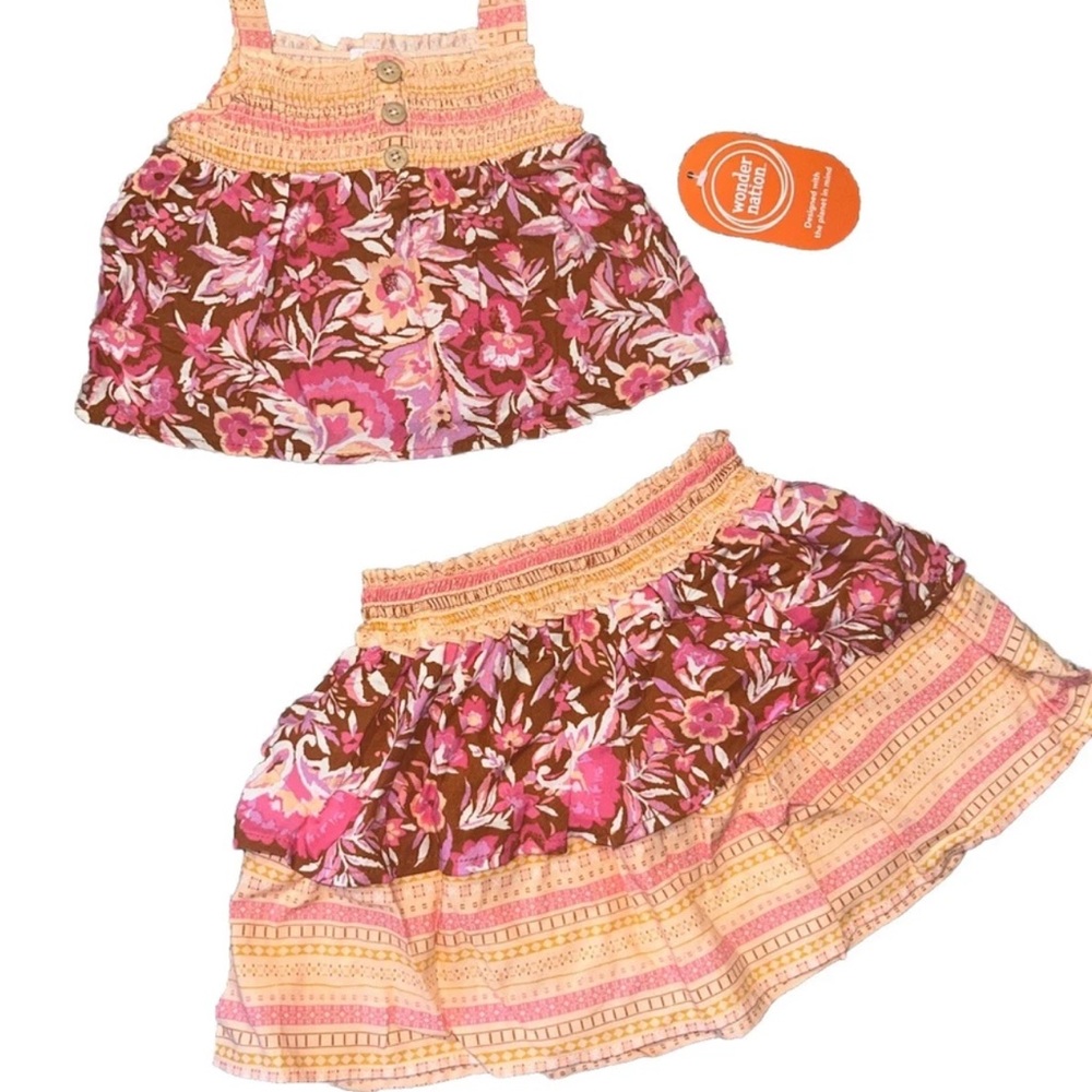 Gorgeous Baby Girl Buttoned Set Orange Floral With Bows Size 2T Two Piece